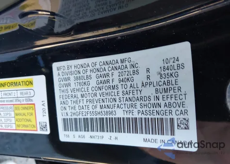 2025 Honda Civic Sport из США, поврежденный, VIN 2HGFE2F55SH538963